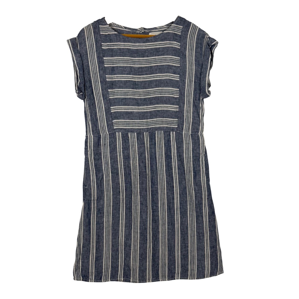 Caslon Stripe Linen Dress Womens XS Blue White Shift Button Back Cap Sleeve